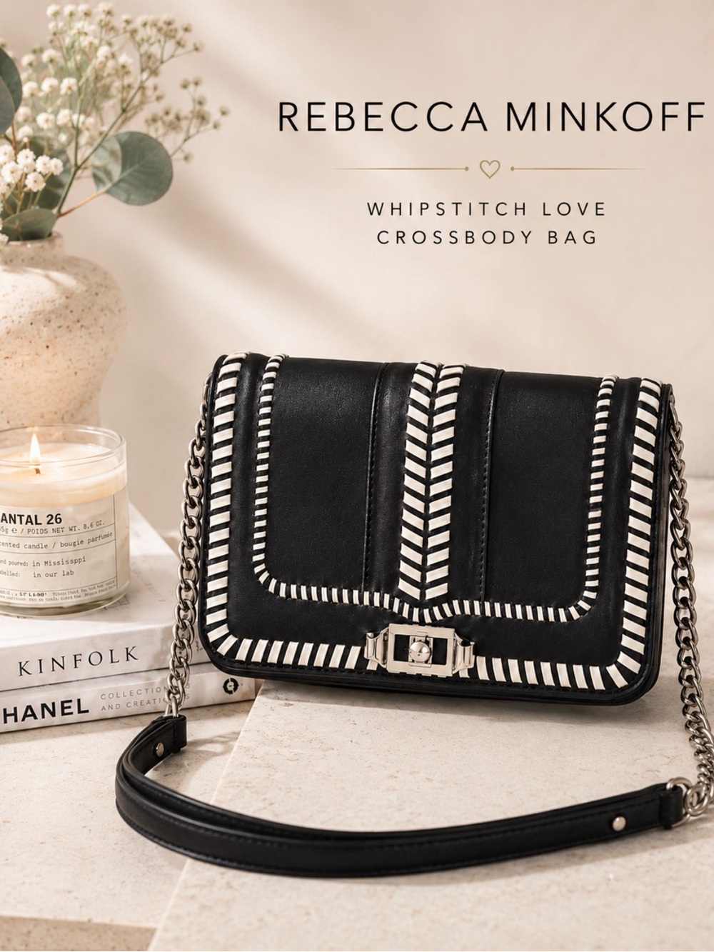 Rebecca Minkoff Whipstitch Love Crossbody Bag Black Leather Chain Strap